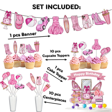 Ultimate Glamorous Pink Doll Party Decor Set - Stylish Cake Topper, Cupcake Toppers, Centerpieces & Banner for Baby Showers and Birthdays