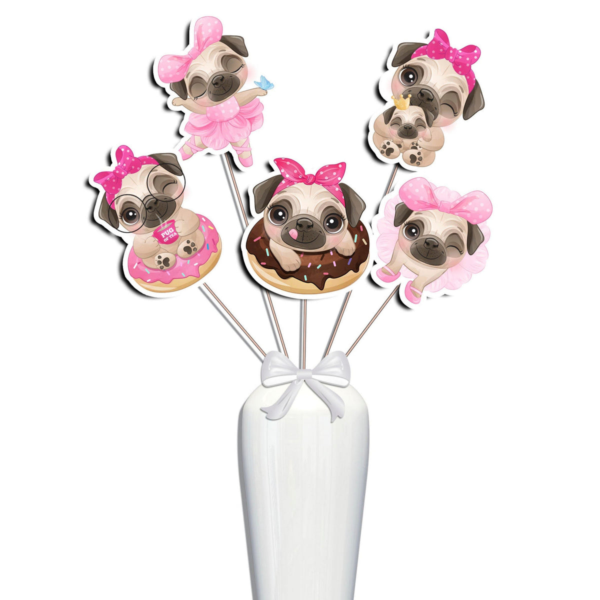 Set of 5 Pug Dog Centerpieces – Ideal for Baby Showers and Birthday Parties