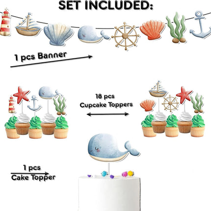 Splashy 'Under the Sea' Party Decor Set - Whimsical Cake Topper, Cupcake Toppers, Centerpieces & Banner - Dive into Fun for Baby Showers & Birthdays