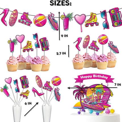 Retro Chic Pink Doll Birthday Party Decor Set - Vibrant Cake Topper, Cupcake Toppers, Centerpieces, & Banner - Celebrate in Style with a Vintage Vibe