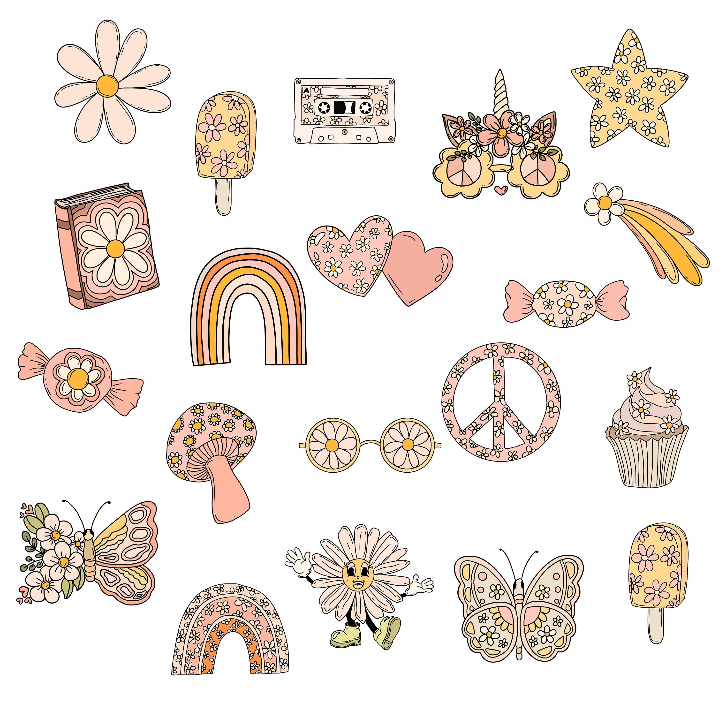 Groovy 70s-Inspired Sticker Pack, 20pcs - Retro Flower Power Decals