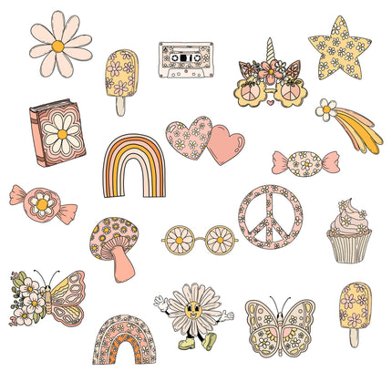 Groovy 70s-Inspired Sticker Pack, 20pcs - Retro Flower Power Decals