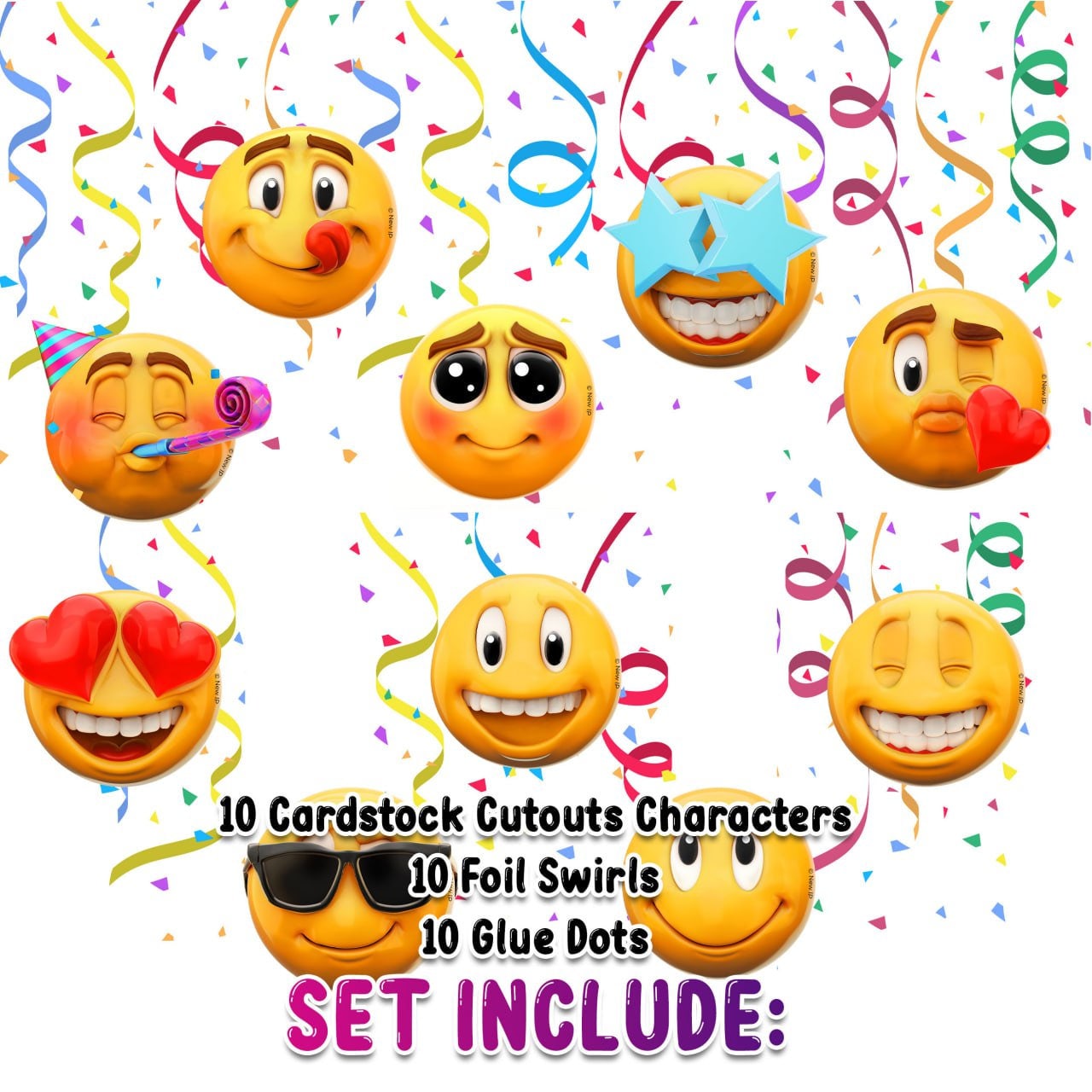 Festive NEWMOJI ® Party Swirls - 10pcs Newmoji-Themed Hanging Decorations