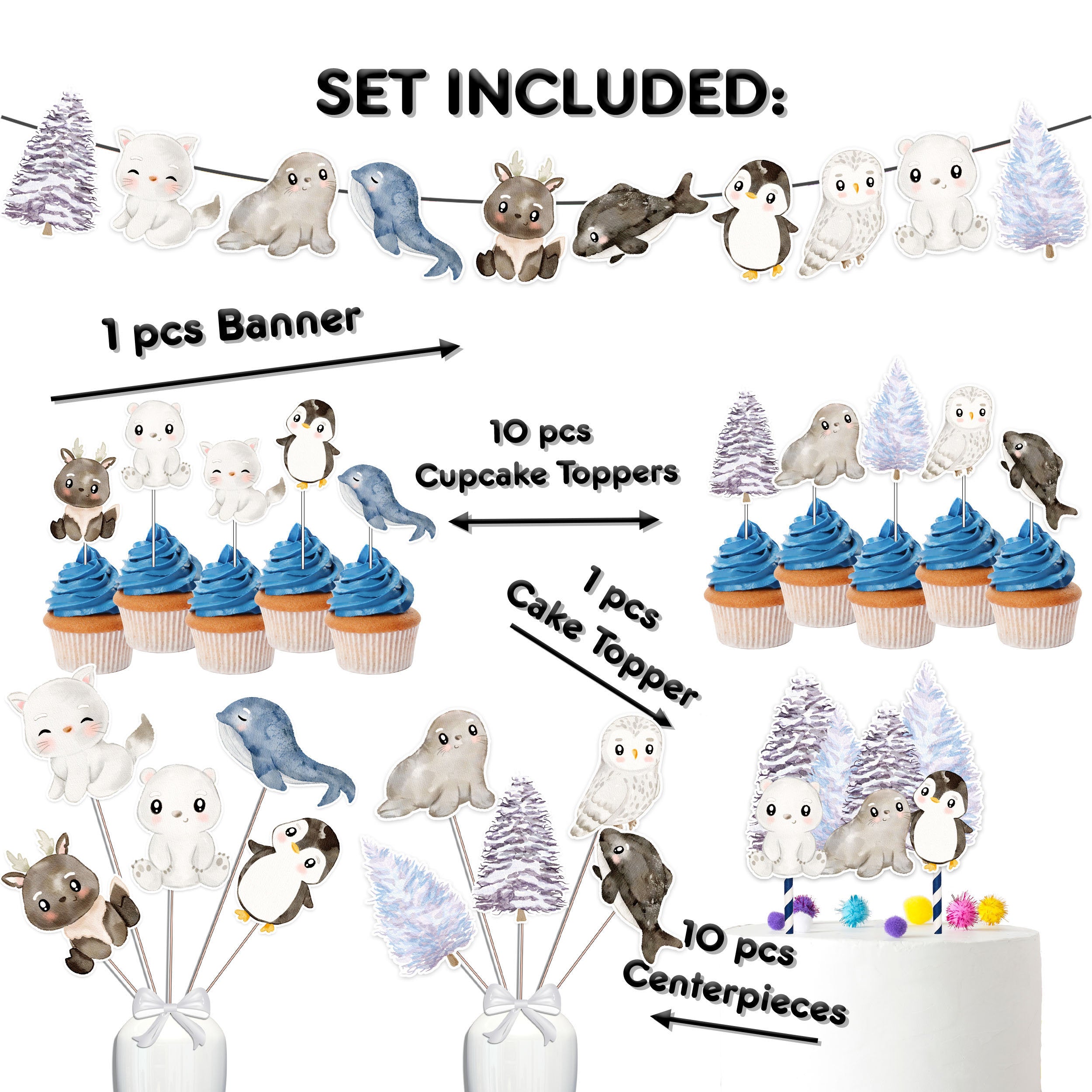 Arctic Wonderland Party Decor Set - Banner, Cake Topper, Cupcake Toppers & Centerpieces for Chilly Birthdays & Baby Showers