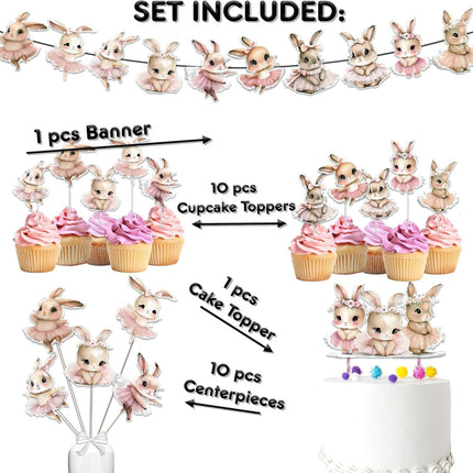 Enchanted Bunny Garden Party Decor Set - Charming Cake Topper, Cupcake Toppers, Centerpieces & Banner - Hop into a Magical Celebration
