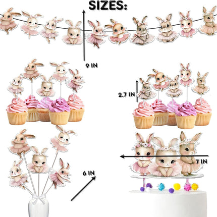 Enchanted Bunny Garden Party Decor Set - Charming Cake Topper, Cupcake Toppers, Centerpieces & Banner - Hop into a Magical Celebration