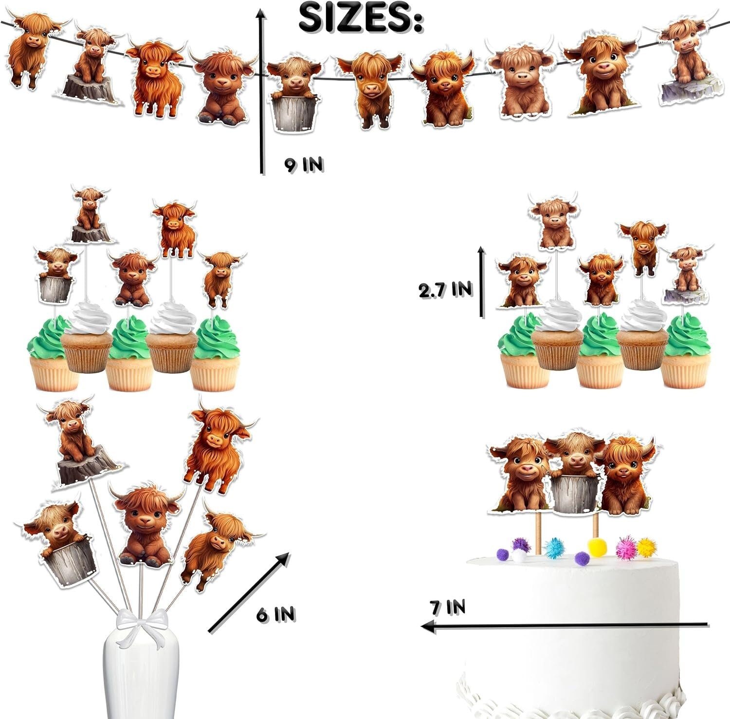 Adorable Highland Cow Party Decor Set  - Essential Cake Topper, Cupcake Toppers, Centerpieces & Banner for Baby Showers & Birthdays