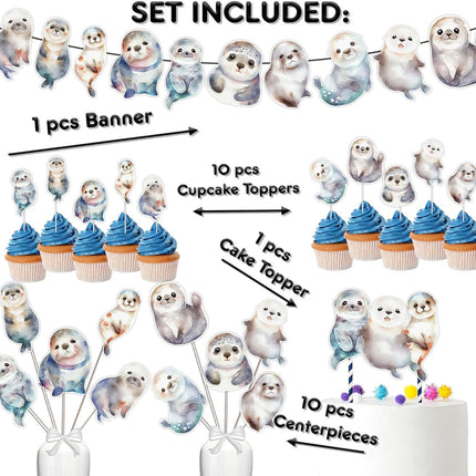 Seal-ly Cute Baby Shower & Birthday Party Decor Set - Splashy Fun with Cake Topper, Cupcake Toppers, Centerpieces & Banner