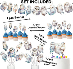 Seal-ly Cute Baby Shower & Birthday Party Decor Set - Splashy Fun with Cake Topper, Cupcake Toppers, Centerpieces & Banner