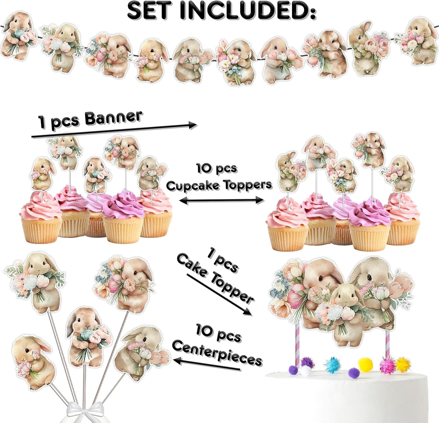 Little Bunny Baby Shower & Birthday Party Decor Set - Adorable Cake Topper, Cupcake Toppers, Centerpieces & Banner