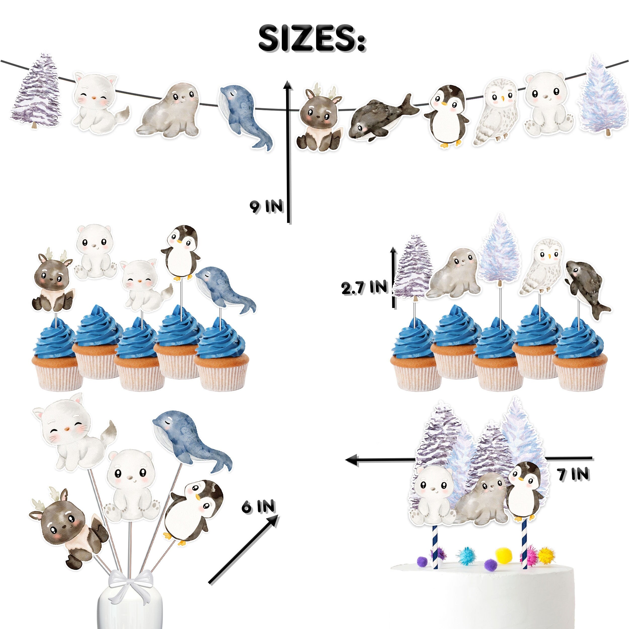Arctic Wonderland Party Decor Set - Banner, Cake Topper, Cupcake Toppers & Centerpieces for Chilly Birthdays & Baby Showers