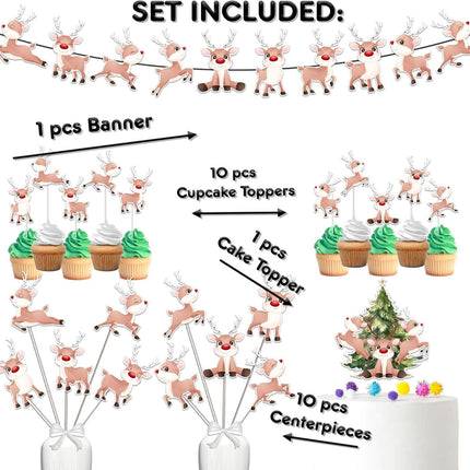 Jolly Red-Nosed Reindeer Birthday Party Decor Set - Festive Cake Topper, Cupcake Toppers, Centerpieces, & Banner - Hoof-Tapping Fun for Winter Birthdays