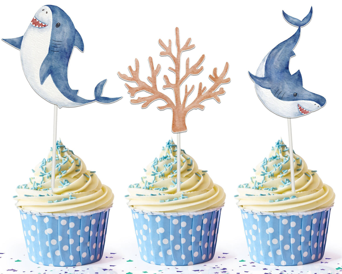 "Ocean Adventure" Shark Cupcake Toppers for Parties and Celebrations