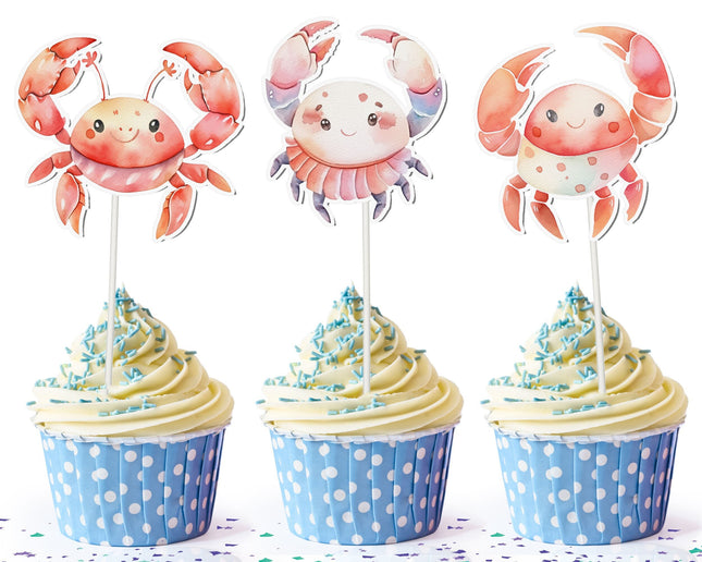 Charming Crab Cartoon Cupcake Toppers for Beach-Themed Parties and Summer Celebrations