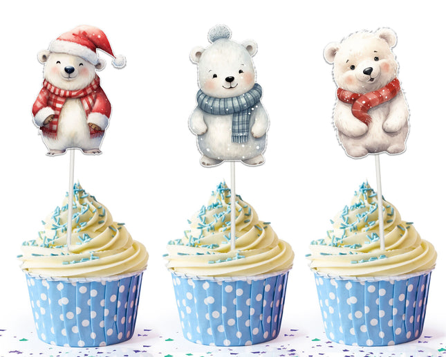 Cozy Polar Bear Cartoon Cupcake Toppers for Winter Celebrations and Holiday Parties