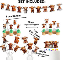 Adorable Highland Cow Party Decor Set  - Essential Cake Topper, Cupcake Toppers, Centerpieces & Banner for Baby Showers & Birthdays