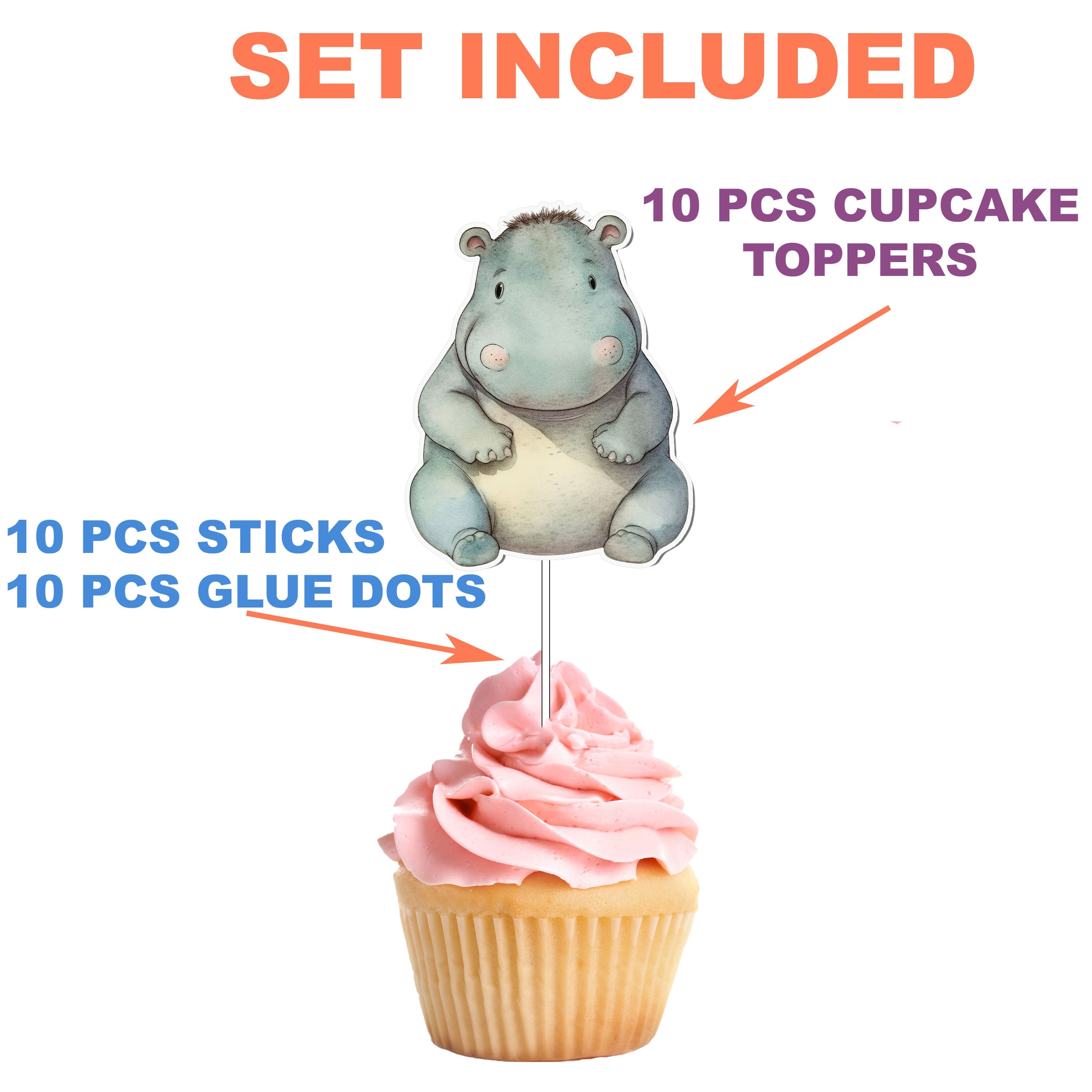 "Happy Hippo" Cupcake Toppers - Splash Into Sweetness