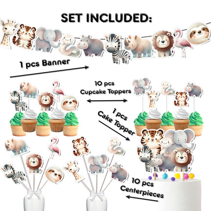 Wild Jungle Party Decor Set - Banner, Cake Topper, Cupcake Toppers & Centerpieces for Safari Birthday & Baby Shower