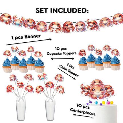Cute Crabby Birthday Party & Baby Shower Decor Set - Banner, Cake Topper, Cupcake Toppers & Centerpieces