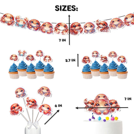 Cute Crabby Birthday Party & Baby Shower Decor Set - Banner, Cake Topper, Cupcake Toppers & Centerpieces