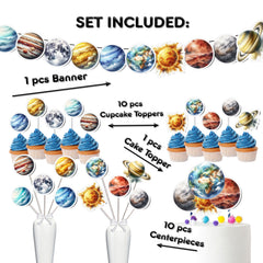 Stellar Solar System Party Decor Set - Banner, Cake Topper, Cupcake Toppers & Centerpieces for Cosmic Celebrations