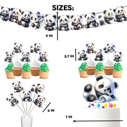 Playful Panda Party Decor Set - Banner, Cake Topper, Cupcake Toppers & Centerpieces for Birthday & Baby Shower