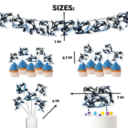 Orca Wonderland Party Decor Set - Celebrate with a Splash using Cake Topper, Cupcake Toppers, Centerpieces & Banner