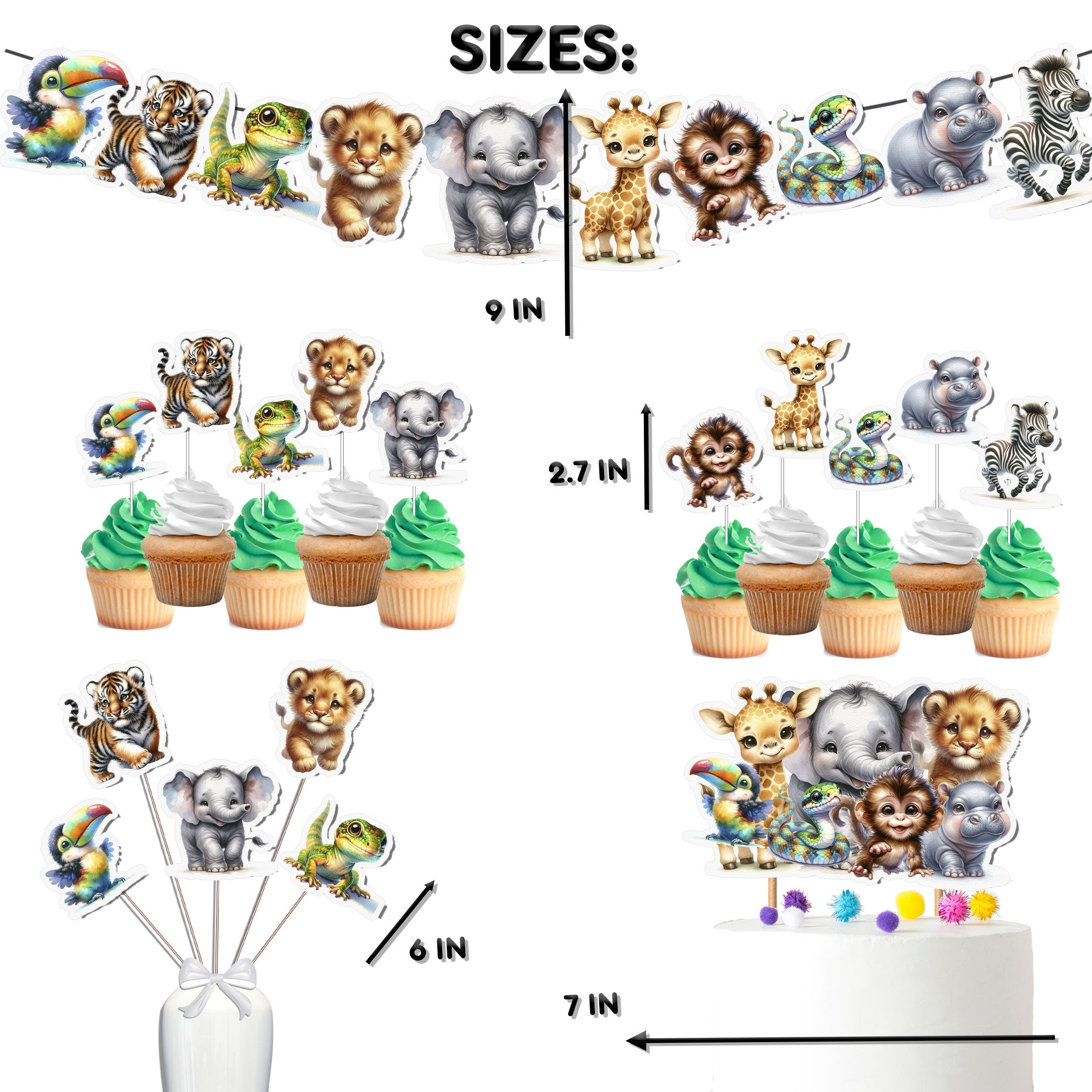 Wild Safari Animals Party Decor Set - Banner, Cake Topper, Cupcake Toppers & Centerpieces for Birthday & Baby Shower