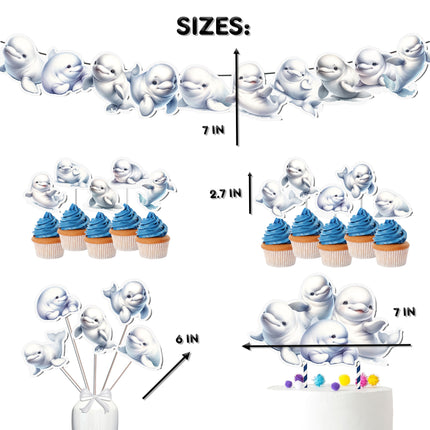 Beluga Whale Party Decor Set - Splashing Cake Topper, Cupcake Toppers, Centerpieces & Banner for Marine-Themed Celebrations
