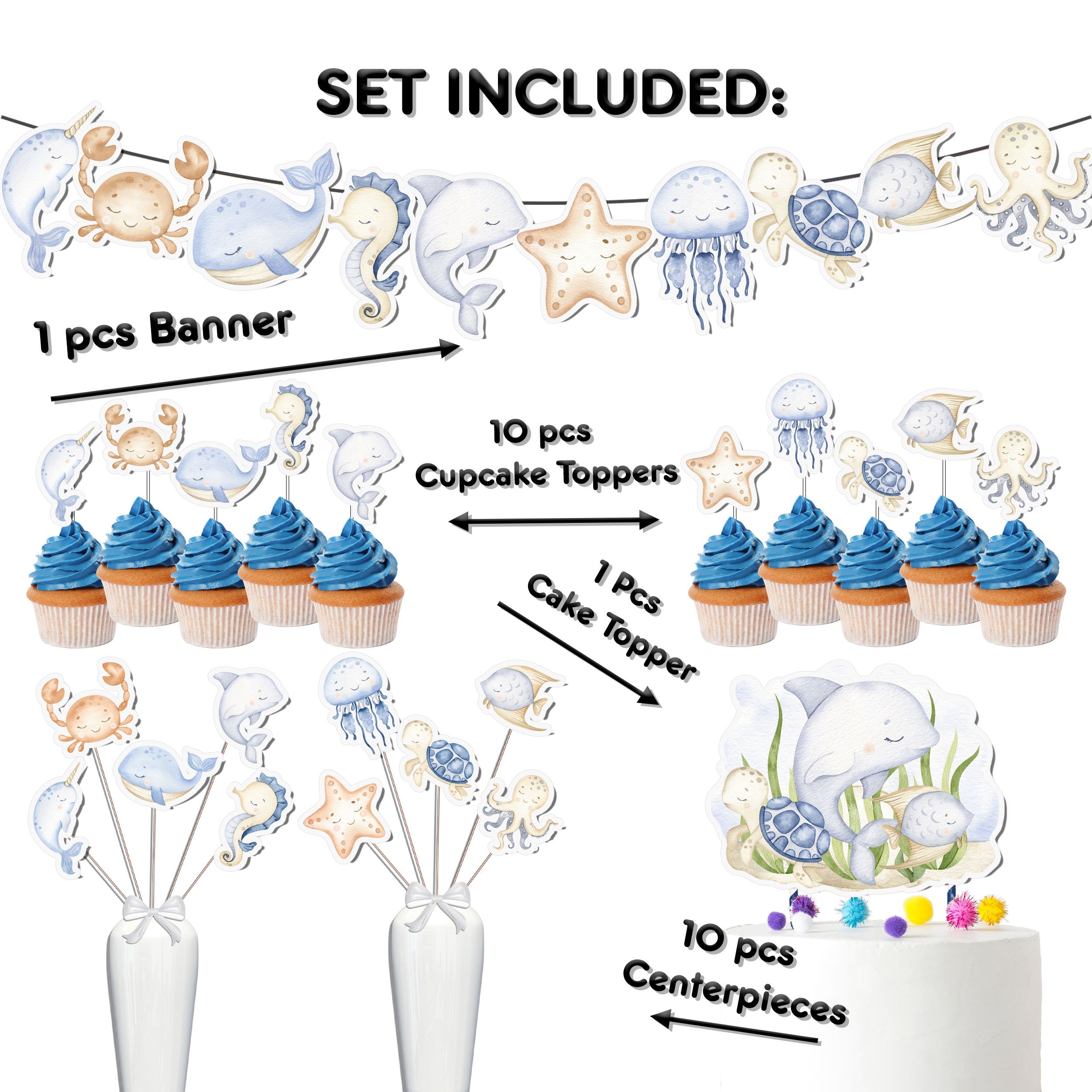 Dive Into Fun with Under-the-Sea Party Decor Set - Banner, Cake & Cupcake Toppers, Centerpieces for Birthday & Baby Shower