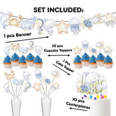 Dive Into Fun with Under-the-Sea Party Decor Set - Banner, Cake & Cupcake Toppers, Centerpieces for Birthday & Baby Shower
