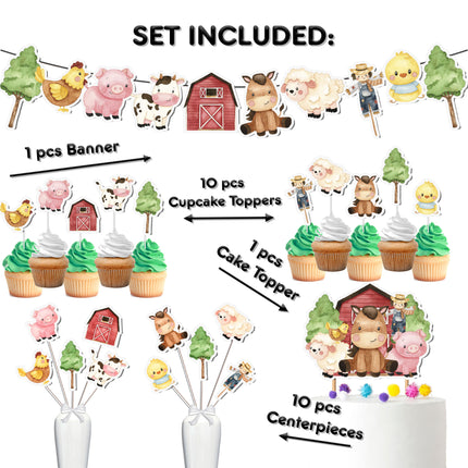 Complete Farm Party Decor Set - Rustic Cake Topper, Cupcake Toppers, Centerpieces & Banner for Baby Showers and Birthdays