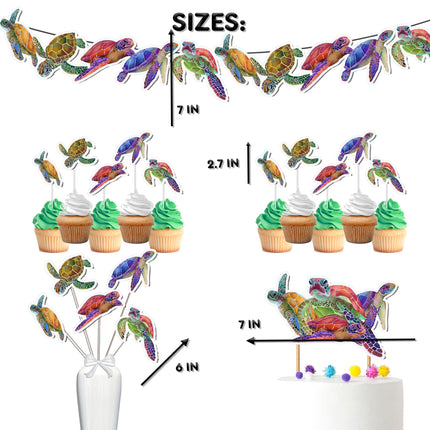 Colorful Turtle Party Decor Set - Dive into Fun with Cake Topper, Cupcake Toppers, Centerpieces & Banner for Baby Showers and Birthdays