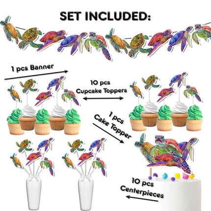 Colorful Turtle Party Decor Set - Dive into Fun with Cake Topper, Cupcake Toppers, Centerpieces & Banner for Baby Showers and Birthdays