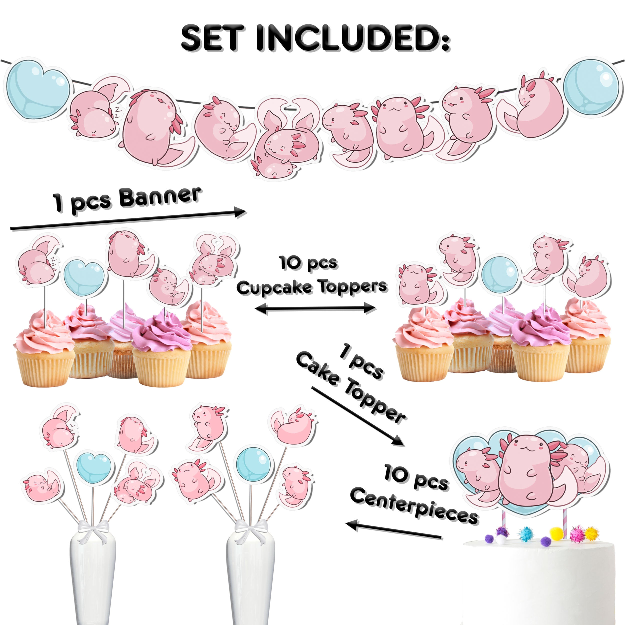 Cute Axolotl Baby Shower & Birthday Party Decor Set - Banner, Cake & Cupcake Toppers, Centerpieces
