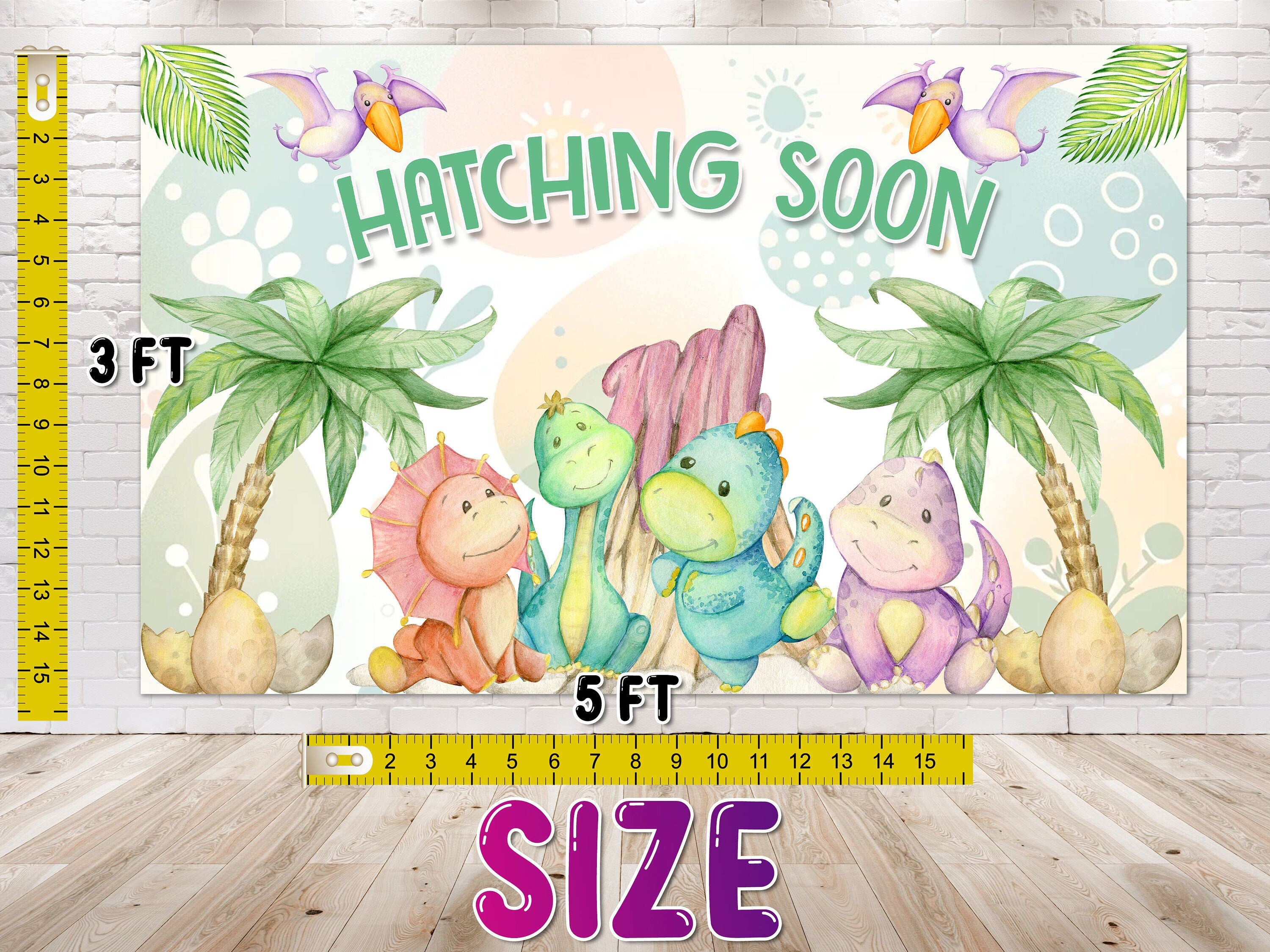 "Hatching Soon" Dinosaur Baby Shower Backdrop 5x3 FT - Prehistoric Celebration Decor