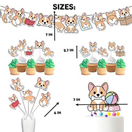 Adorable Corgi Party Decor Set - Includes Cake Topper, Cupcake Toppers, Centerpieces & Banner for Pawsome Baby Showers and Birthdays