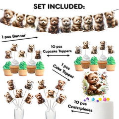 Cuddly Bear Party Decor Set - Adorable Cake Topper, Cupcake Toppers, Centerpieces & Banner - Cozy & Cute for Baby Showers & Birthdays