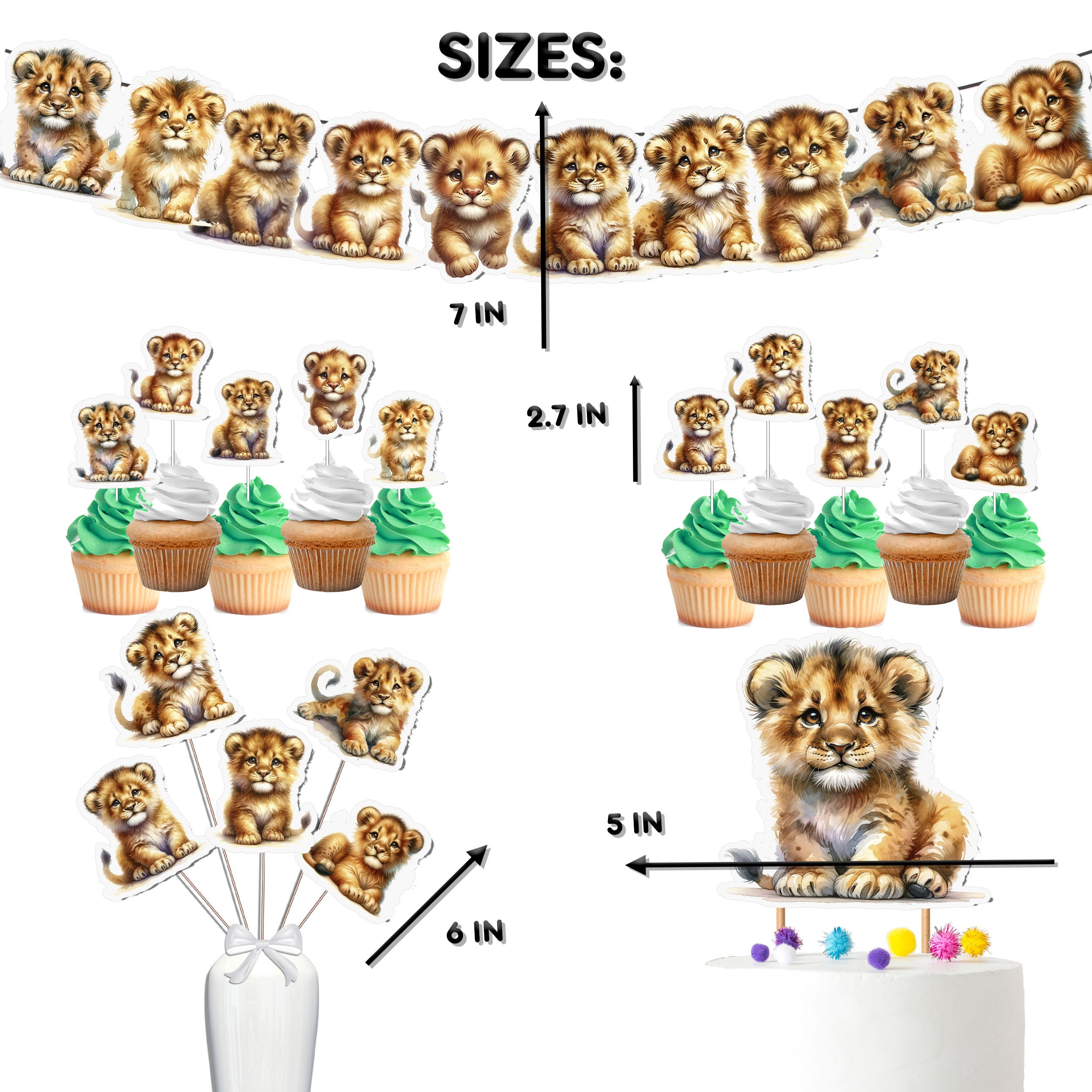 King of the Jungle Lion Party Decor Set - Majestic Cake Topper, Cupcake Toppers, Centerpieces & Banner - Perfect for Baby Showers & Birthdays