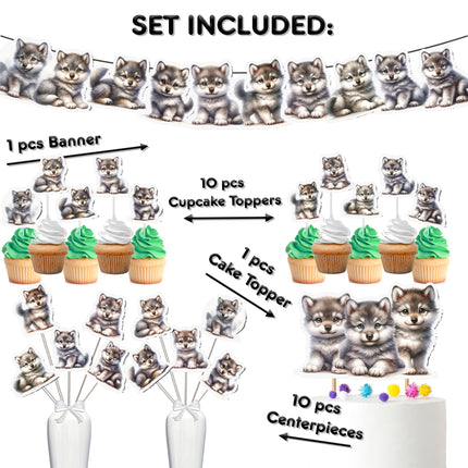 Enchanting Wolf-Themed Party Decor Set - Includes Cake Topper, Cupcake Toppers, Centerpieces & Banner