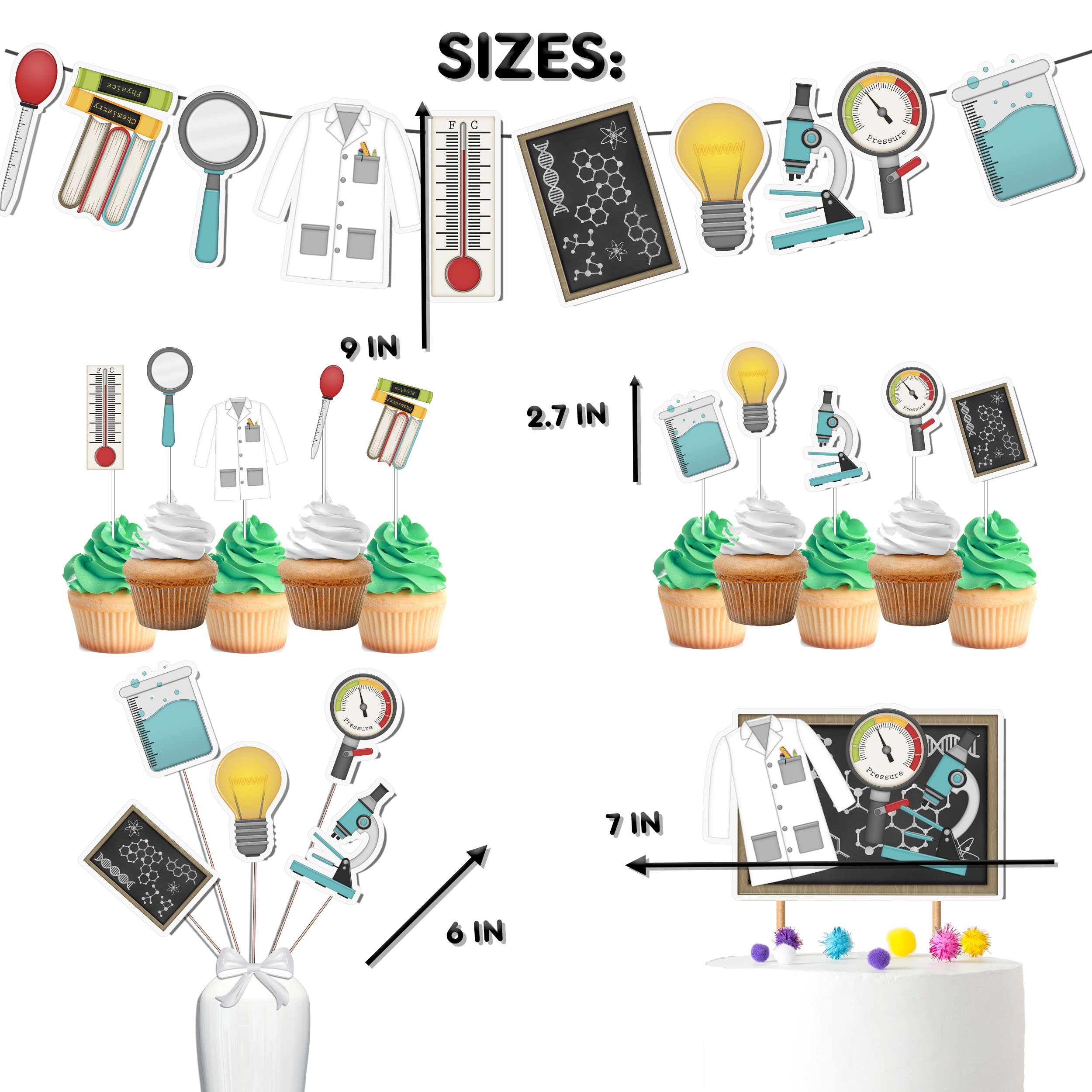 Eureka! Science Party Decor Set - Inspiring Cake Topper, Cupcake Toppers, Centerpieces & Banner - Perfect for a Brilliant Birthday Bash