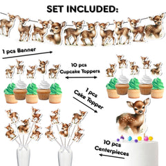 Woodland Deer Birthday Party Decor Set - Graceful Cake Topper, Cupcake Toppers, Centerpieces & Banner - Celebrate in Enchanted Forest Style