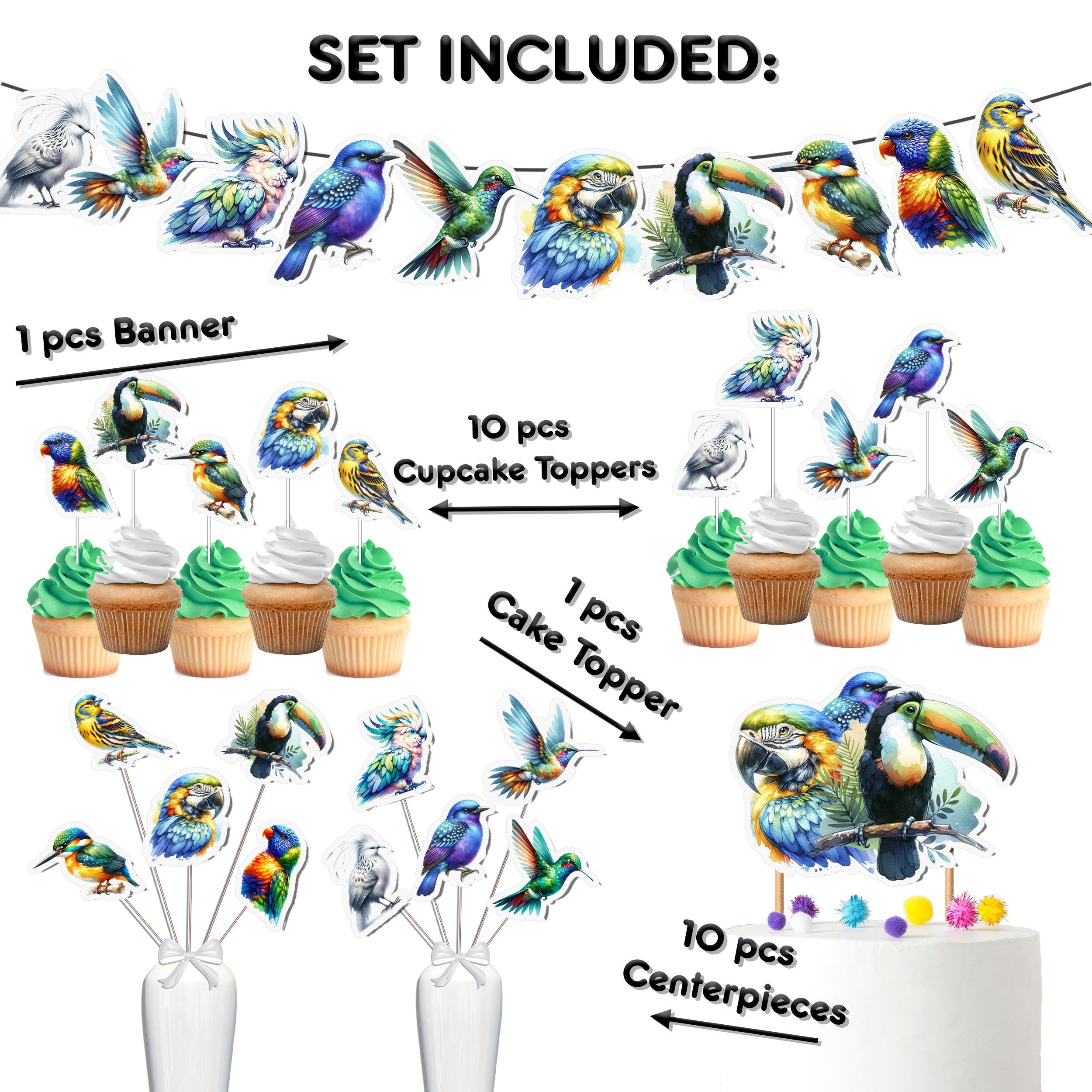 Exotic Tropical Bird Party Decor Set - Lush Cake Topper, Cupcake Toppers, Centerpieces & Banner - Soar into a Vivid Birthday Paradise