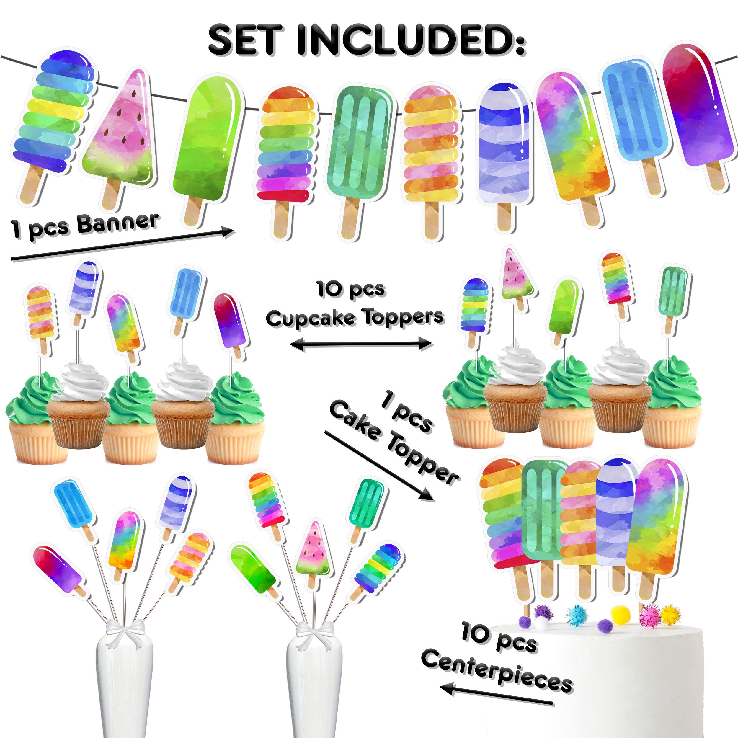 Colorful Ice Cream Party Decor Set - Vibrant Cake Topper, Cupcake Toppers, Centerpieces & Banner - Scoop Up Fun for a Sweet Birthday Bash