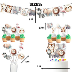 Wild Jungle Party Decor Set - Banner, Cake Topper, Cupcake Toppers & Centerpieces for Safari Birthday & Baby Shower