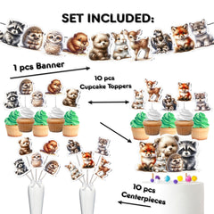 Enchanted Woodland Animals Party Decor Set - Banner, Cake Topper, Cupcake Toppers & Centerpieces for Birthday & Baby Shower