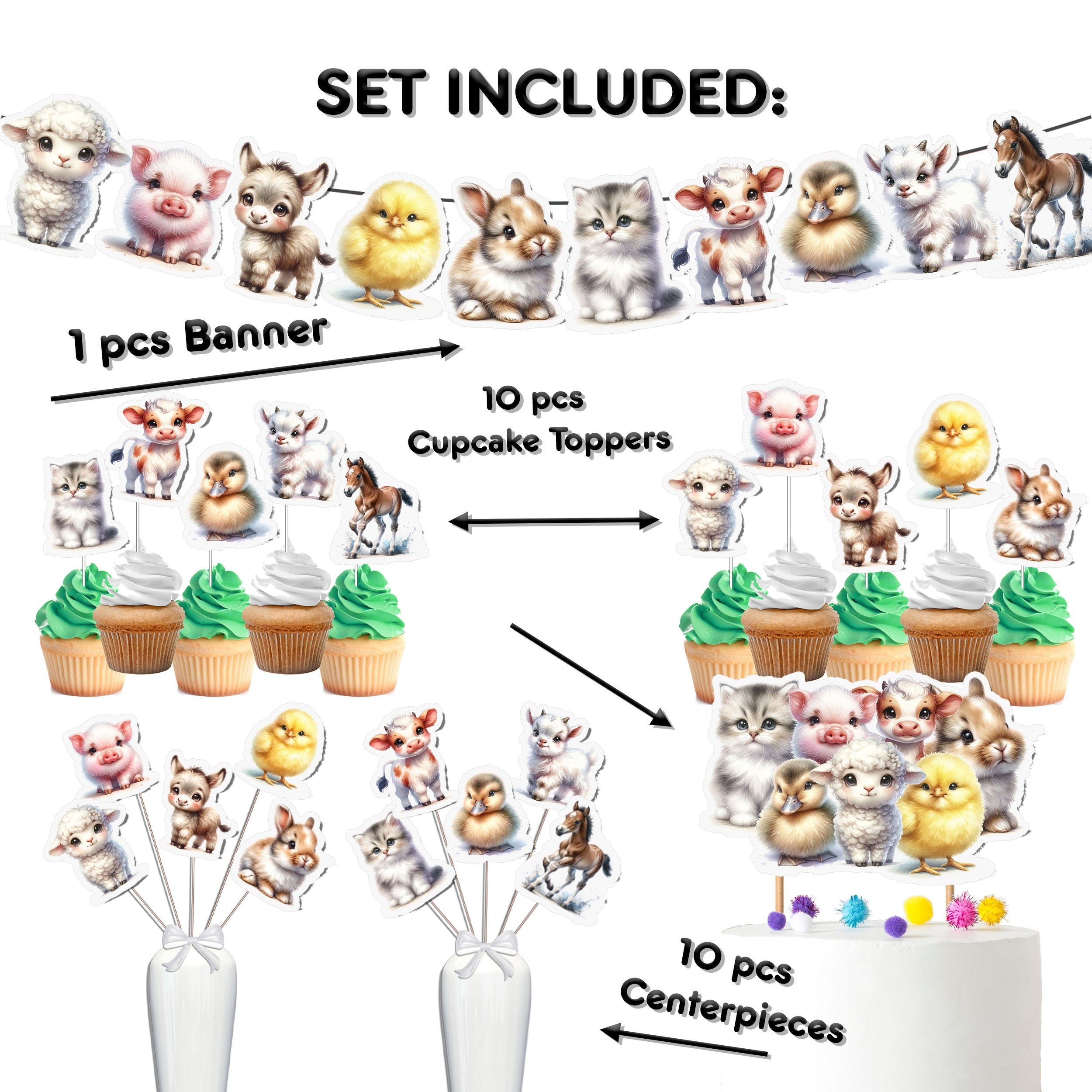Barnyard Fun Farm Animals Party Decor Set - Banner, Cake Topper, Cupcake Toppers & Centerpieces for Birthdays & Baby Showers