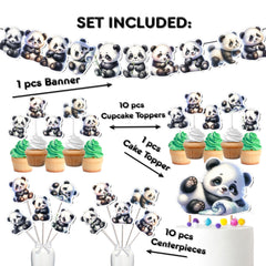 Playful Panda Party Decor Set - Banner, Cake Topper, Cupcake Toppers & Centerpieces for Birthday & Baby Shower