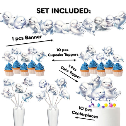 Beluga Whale Party Decor Set - Splashing Cake Topper, Cupcake Toppers, Centerpieces & Banner for Marine-Themed Celebrations