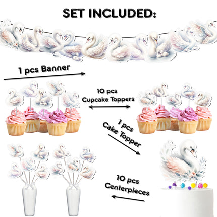 Exquisite Swan-Themed Party Decor Set - Graceful Cake Topper, Cupcake Toppers, Centerpieces, & Banner - Ideal for Elegant Baby Showers & Birthdays